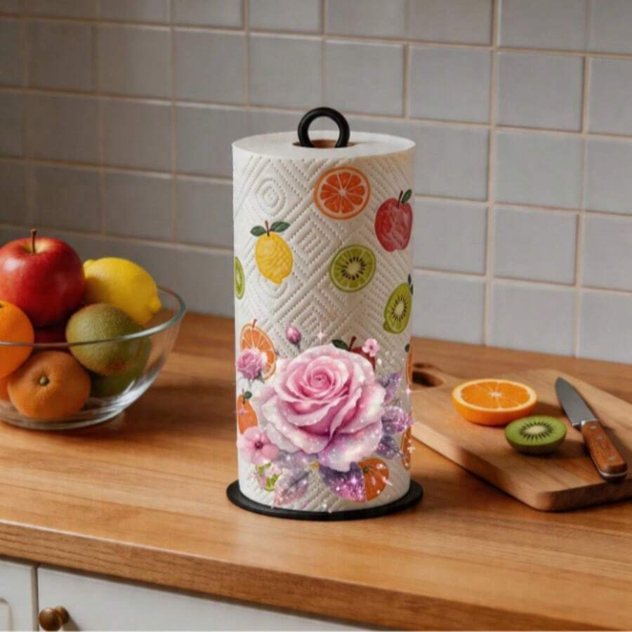 Pink Starry Sky Rose Floral Pattern 2D Creative Acrylic Paper Towel Holder, Kitchen Paper Towel Storage, Holiday Party Decoration, Perfect For Holiday Celebration Decor, Beautiful And Affordable - View 1