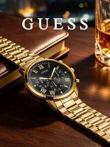 Guess Men's Multifunction Quartz Watch, Gold Stainless Steel Band, Black Dial, Roman Numerals, Business Meeting And Social Event Accessory - Gold - View 9