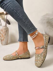 Tweed Woven Strap Mary Jane Square Toe Flat Low Vamp Ballet Shoes Early Spring Commute Skirt Matching - Gold - View 2