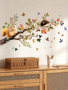 Watercolor Autumn Tree Branch Squirrel Hedgehog Wall Decal, Flowers Autumn Leaves Butterfly Self-Adhesive Removable Kids Room Wall Decoration Sticker - Multicolor - View 1
