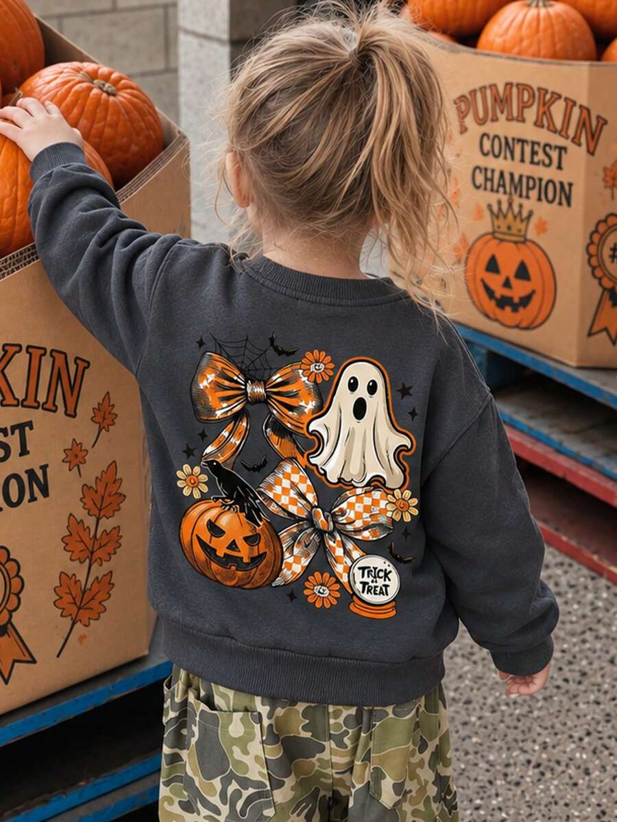 [Halloween]Young Girls 1pc Thickened Warm Pumpkin Party Print Crew Neck ...