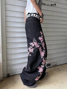 Hearty Haven 1pc American Retro Street Style Men's Loose Embroidered Wide Leg Jeans, Comfortable All-Season Long Pants - No Belt And Accessories - Black - View 8