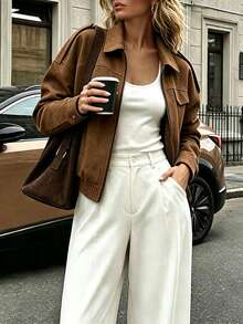 Autumn/Winter New Dark Brown Suede Collar Epaulettes Patch Pockets Zipper Elastic Hem Baseball Jacket Casual Vacation Minimalist Commute Style Faux Pockets Daily Date Travel - Brown - View 4