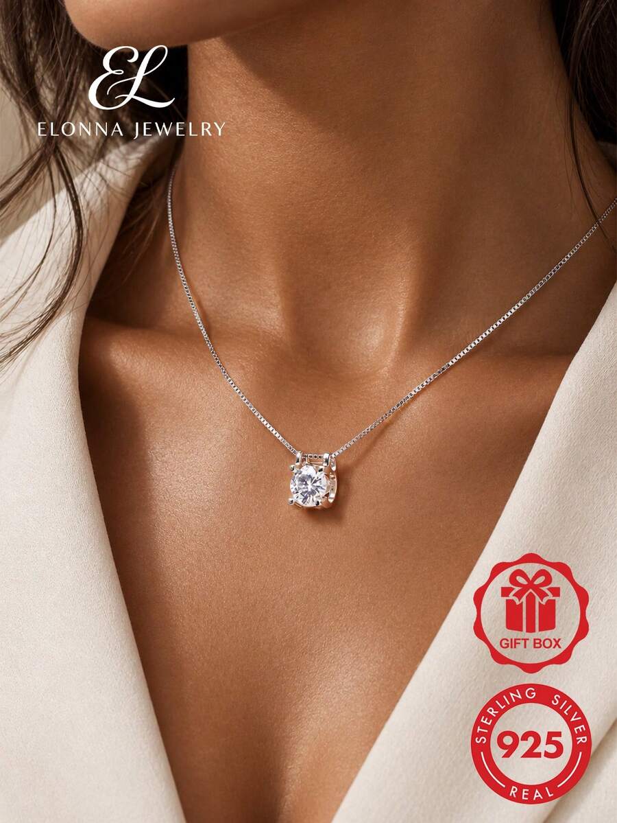 SYMFNY 1pc Minimalist Style 925 Sterling Silver Bull Head Setting Round CZ Box Chain Necklace For Women Daily Wear Jewelry Gift - Silver - View 1