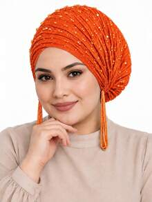 CONFLASS Hijab Berlipit dengan Hiasan Manik-Manik Rhinestone Berkilau, Desain Tali Serut dan Rumbai yang Dapat Diatur, Aksesori Harian Elegan untuk Wanita - MultiWarna - View 7