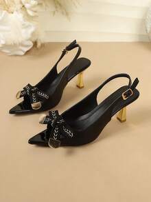 Sepatu Pumps Hak Tinggi Ujung Runcing dengan Tali Belakang, Detail Pita Hias di Bagian Depan, Pengikat Tali Belakang yang Dapat Disesuaikan, untuk Pertemuan Restoran dan Makan Malam Perayaan Ulang Tahun - Hitam - View 6