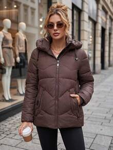 Women's Quilted Hooded Jacket With Zip Pockets, Ribbed Cuffs And Regular Fit - Purple - View 4
