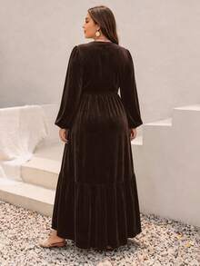 Rusttydustty Autumn/Winter Embroidered V-Neck Velvet Long Sleeve Daily Back To School Vintage Fashion Holiday Elegant Dress - Brown - View 3