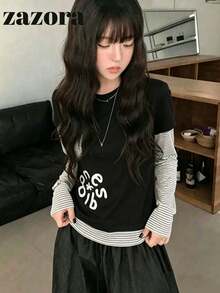 Kaos Lengan Panjang Patchwork Bergaris Gaya Korea 2 in 1 untuk Wanita, Potongan Longgar, Ramping, Serbaguna, Cocok untuk Musim Gugur - Hitam - View 6
