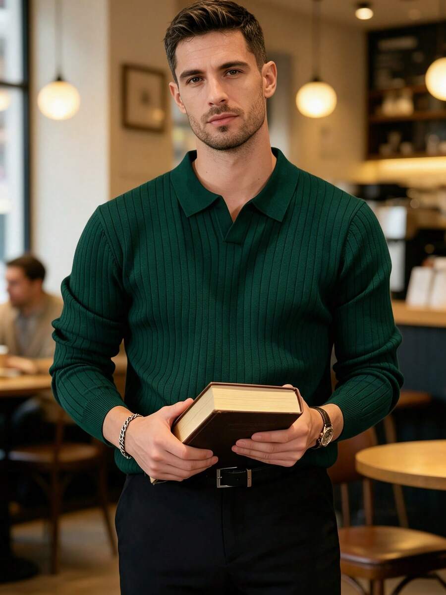 ALTZTAR Men's Loose Fit Thin Long Sleeve Striped Knit Polo Shirt, Minimalist & Fashionable, Suitable For Daily Commute In Spring/Autumn - Dark Green - View 1