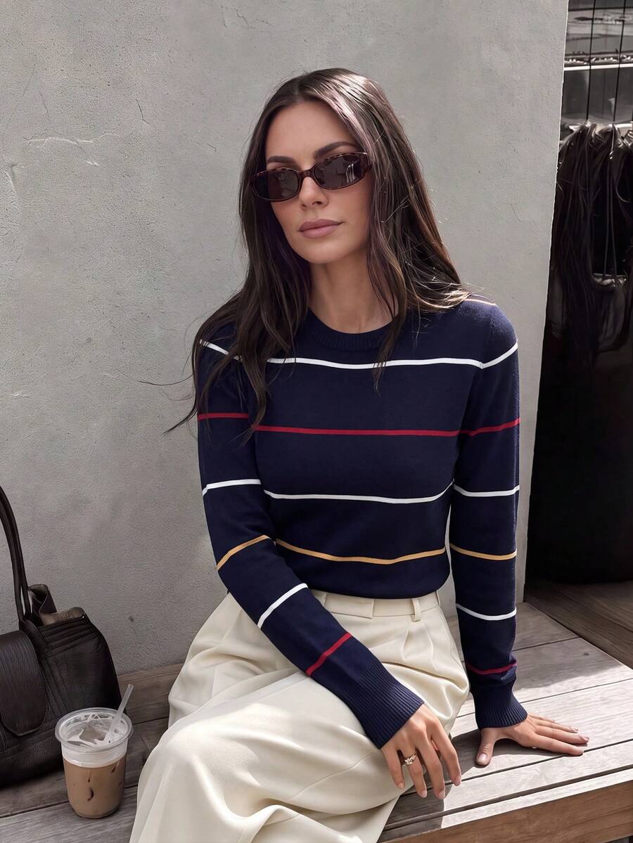 Halloween Christmas New Year Navy Stripe Knit Top Women Slim Cropped Long Sleeve Crew Neck Retro Preppy Holiday Party Tee - Navy Blue - View 1