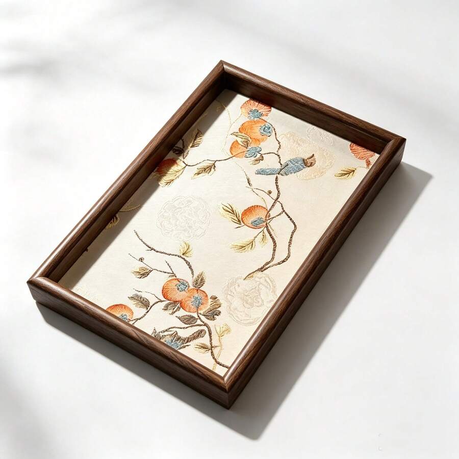 New Chinese Style Persimmon Embroidery Wooden Tray, Vintage Tea Tray, Entryway Jewelry Storage Plate, Desktop Decorative Ornament - Multicolor - View 1