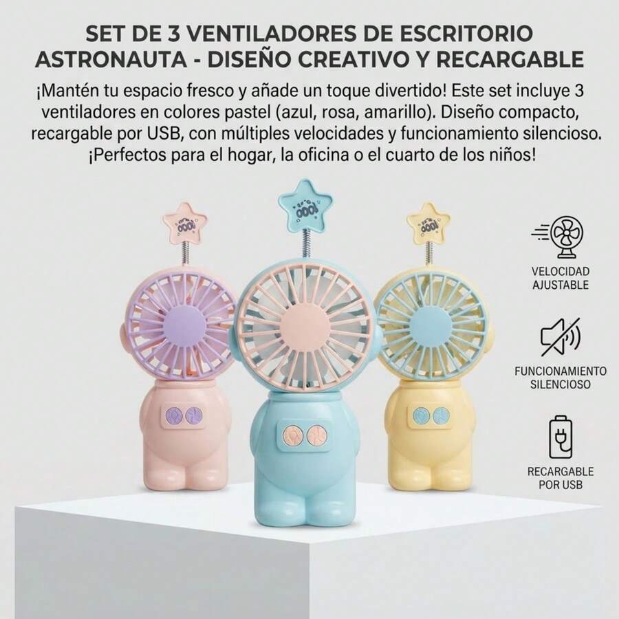 Set de 3 Ventiladores de Escritorio Astronauta - Diseño Creativo y Recargable - A - Ver 1