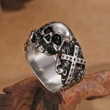 European And American Cross Skull Relief Carved Ring, Vintage Distressed Silver Texture Gothic Style Men's Street Party Finger Ring Jewelry, Halloween Gift - Antique Silver - View 6