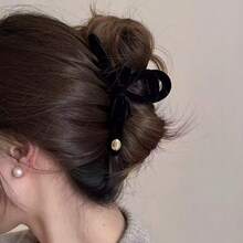 1pc Women Black Flocked Double-Sided Bow Letter Cross Hair Clip, Fashion Minimalist Daily Wear, Suitable For Everyday Use - Black - View 2
