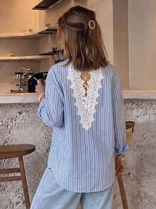 Casual Fashion Backless Lace Patchwork Loose Long Sleeve Blouse, Women's Top Autumn/Winter New Style, Versatile For Daily Wear - Blue - View 8
