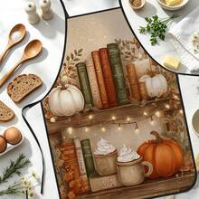 1pc Autumn Pumpkin Bow Print Apron, Featuring Vintage Small Pumpkin And Orange Ribbon Bow Pattern, Durable Cooking Apron Suitable For Bakers, Cake Decorators, BBQ Enthusiasts, Gardeners, Painters, Nail Artists - Perfect Gift For Home And Professional Chefs - Apricot - View 4
