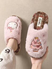 Hello Kitty Cartoon Kitten Design Women's Plush Slippers, Christmas Theme Slip-On Comfortable Flat Bedroom Slippers - Pink - View 4