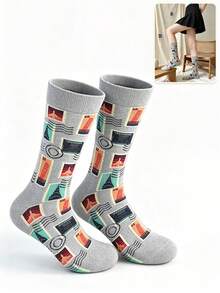 1 Pair Gray Postage Stamp Pattern Mid-Calf Women's Socks, Vintage Postmark Style Socks, Elastic Ribbed Cuff Breathable Socks For Daily Wear - Multicolor - View 11