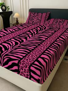 1PC Y&K Geometric Print Fitted Sheet (Fitted Sheet Only, No Pillowcase), Leopard And Zebra Pattern Snug Fit Fitted Sheet, Soft Bedroom Bedding, Suitable For Bedroom, Guest Room, School Dormitory Bedding, Easy To Remove And Machine Washable All Season Mattress Protector - Multicolor - View 4