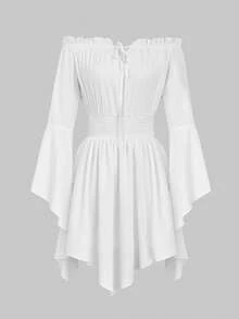 ii Women's Solid Color Frill Trim Off-Shoulder Flare Sleeve Short Dress - White - View 2