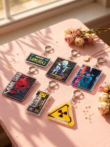 1Pc/6Pcs Cyberpunk Sci-Fi Themed Acrylic Keychains, Including Night City License Plate, Lucy, Samurai Logo, Militech Asset Tag And Radiation Symbol Designs, Fashionable Bag Charms, Suitable For Back To School, Gift For Anime Fans - Multicolor - View 3