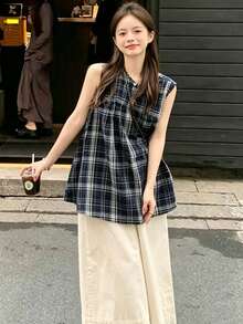 YCYC Japanese Vintage Design Plaid Round Neck Shirt Women Summer Loose Sleeveless Casual Babydoll Blouse Top - Navy Blue - View 2