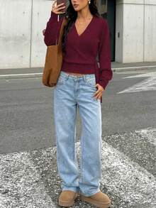Plus Size Women's Solid Color Overlap V-Neck Side Knot Long Sleeve Knit Cardigan - Burgundy - View 2