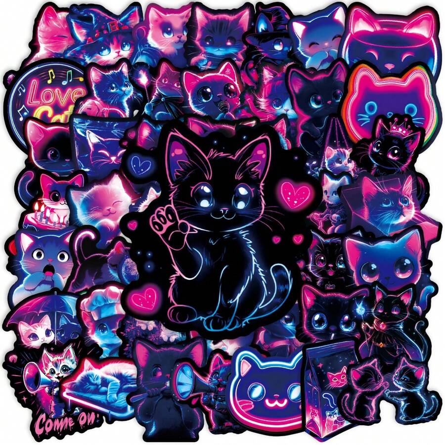 50pcs Cool Cat Neon Stickers DIY Cute Animal Cat Non-Repeating Waterproof Decorative Decals - Multicolor - View 1