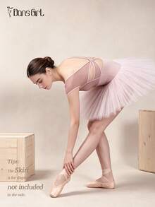 DonsGirl 1pc Elegant Twisted Hollow Back Ballet Leotard, Mesh Short Sleeve Dance Jumpsuit, Hollow Knot Back Design Adult Dancewear - Dusty Pink - View 5