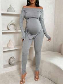 Parara Maternity 2 Pieces Casual Set, One-Shoulder Long Sleeve Ruched Top With Fitted Leggings, High Elastic Ribbed Knit Slim Fit Loungewear - Grey - View 5