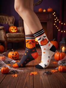 3 Pairs Halloween Pumpkin Bat Crew Socks, Soft Cotton Holiday Printed Casual Socks - Multicolor - View 3