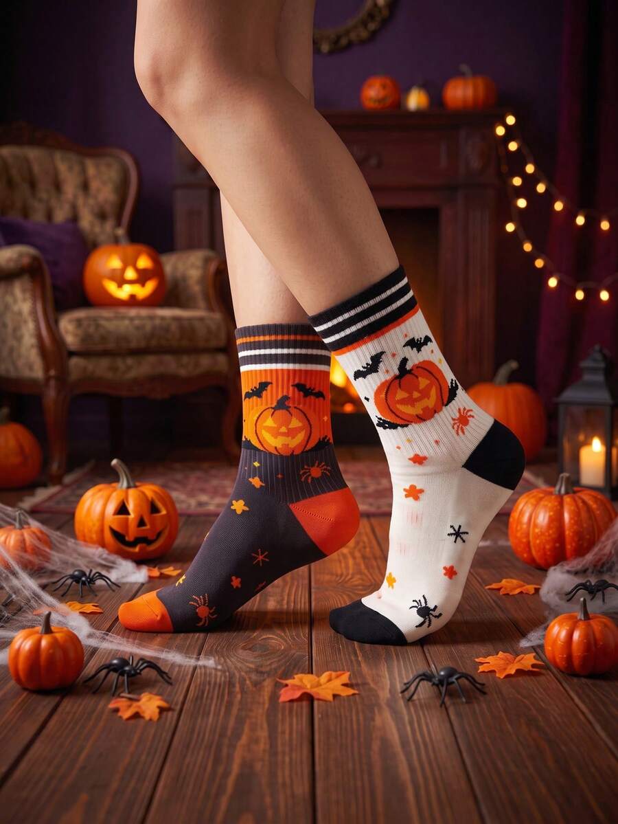 3 Pairs Halloween Pumpkin Bat Crew Socks, Soft Cotton Holiday Printed Casual Socks - Multicolor - View 1