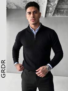 GRDR Men's Autumn/Winter Half-Zip Ribbed Sweater, Solid Color Casual Versatile Long Sleeve Knitwear For Daily Wear - Black - View 6