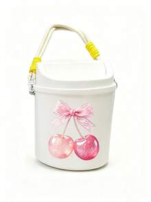 Cute Bow Cherry Print Flip Lid Car Trash Can, Japanese Style Cute Hanging Trash Bin, Multi-Functional Desktop Storage Bucket, Makeup Brush Holder, Portable Car Interior Organizer Box - A - View 17