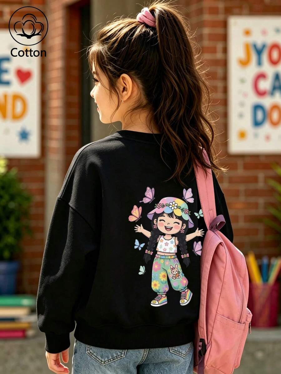 Girls' Cute Printed Drop-Shoulder Round-Neck Long-Sleeve Casual Sports Sweatshirt - Black - View 1