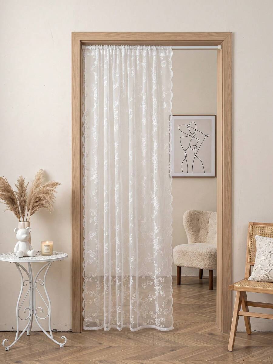 1pc Flower Embroidered Lace Door Curtain, Lace Fabric Door Sheer Curtain For Home - White - View 1