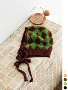 Retro Tie Argyle Plaid Ear Flap Beanie, Color Block Jacquard Knit Hat, Versatile Minimalist Face-Flattering Design - Contrast Color Diamond Plaid Flat Cap - View 13