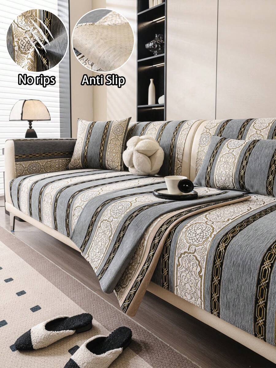 1pc European Style Chenille High-Precision Jacquard Sofa Cushion, Sofa Cover, European Luxury, Premium Texture, Decorative Sofa, Sofa Protection, Cat Scratch Resistant Pet Friendly, Fashion Home, All Season, Suitable For Single-Four Person Sofa, Bohemian, Bedroom, Living Room, Study, Office, Car, Outdoor, Clubhouse, Party, Sofa Cover - Grey - View 1