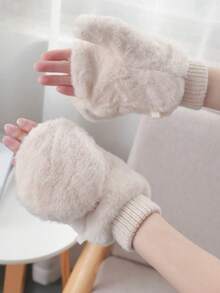 1 Pasang Sarung Tangan Tanpa Jari Wanita Warna Putih Krem Musim Dingin Bahan Plush Tebal Hangat untuk Penggunaan Harian di Musim Dingin - A - View 4