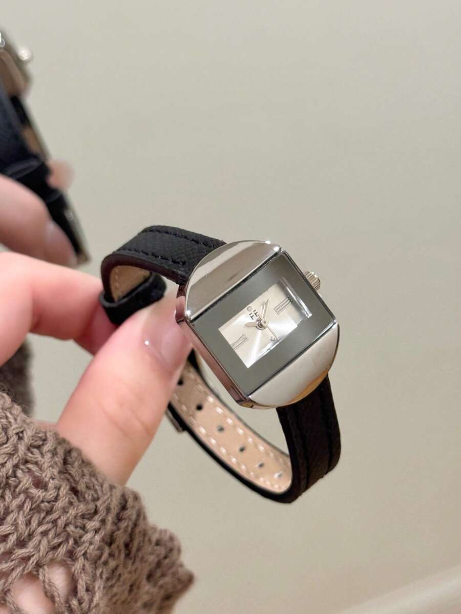 1件女款極簡石英手錶 白色錶盤 可調節黑色PU錶帶 簡約時標設計 時尚適合日常穿著與辦公服裝 - 黑色 - 查看 1