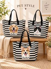 Personalized Pet Photo & Name Canvas Tote Bag, Large Capacity Shoulder Bag, Customizable Foldable Canvas Bag With Name Logo Text, Multiple Colors Available, Solid Color Large Capacity Shoulder Bag, Suitable For Work - Multicolor - View 2
