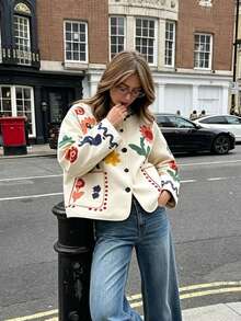 Camellia Autumn New Women's European And American Style Fashion Minimalist Versatile Floral Print Jacket - Beige - View 1