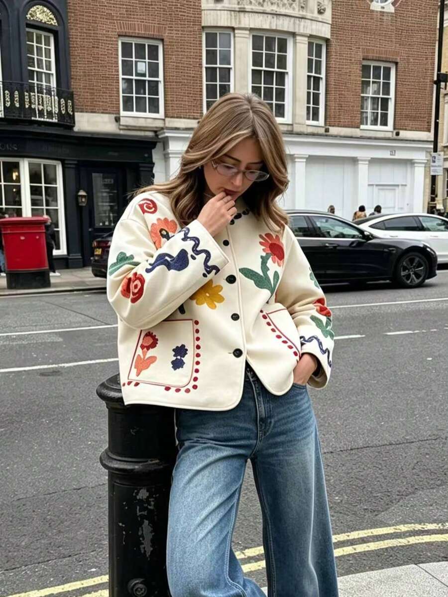 Camellia Autumn New Women's European And American Style Fashion Minimalist Versatile Floral Print Jacket - Beige - View 1