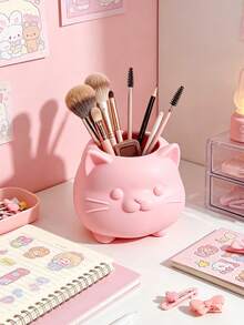 3D Printed Cute Cat Shaped Pen Holder, 3D Round Cute Highly Attractive Design, Large Capacity Storage For Makeup Brushes And Stationery, Desktop Vanity Organizer And Decor Dual-Use, Multiple Colors Available Healing Home Decor - Multicolor - View 2