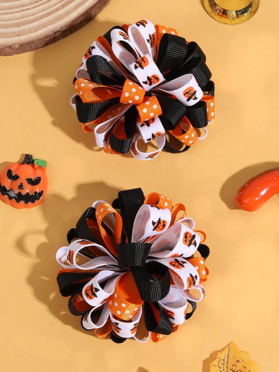 2PCS Halloween Pumpkin Print Bow Hair Clips For Women, Cute Barrettes Rave Accessories Hair Accessories For Women - Multicolor - View 1
