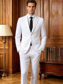 Men's 2-Piece Suit Set, Formal Suit Jacket + Trousers, Solid Color With Pockets, Suitable For Wedding, Party, Business, Deep Purple, XS-XXXL - White - View 4