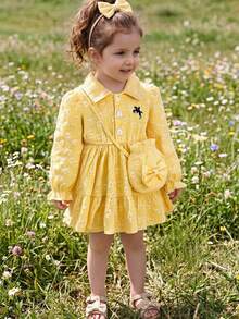 Baby Girl Sweet Spring/Autumn Princess Style 2-Piece Set: 3D Jacquard Lapel Long Sleeve Cinched Waist Dress + Matching Bow Crossbody Bag - Yellow - View 2