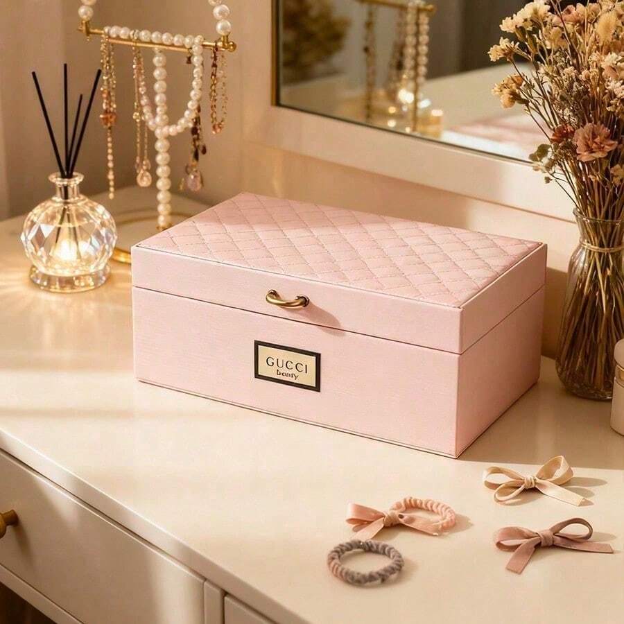 Quilted Large‑Capacity Jewelry Box Desktop Storage Organizer For Rings Earrings Necklaces Gift For Women Gucci Beauty Pink Quilted Jewelry Box - Pink - View 1