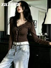Korean Style Niche Exquisite 3D Ruffle Trim Long Sleeve T-Shirt For Women, Unique Inner Layer Top - Brown - View 7